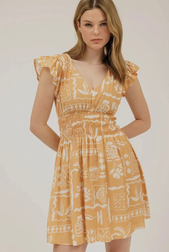 Light Apricot Floral Print V-Neck Flutter Sleeve Dress