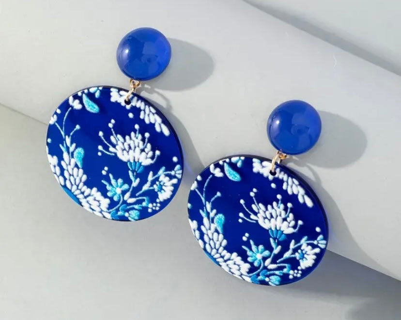 Royal Blue Floral Round Shaped Acrylic Earrings