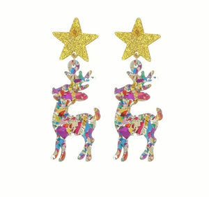 Christmas Sequin Reindeer Glitter Star Acrylic Earrings