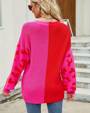 Hot Pink Color Block Red Leopard Print V Neck Sweater