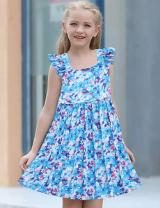 Blue Girls Flutter Sleeve Floral Dress