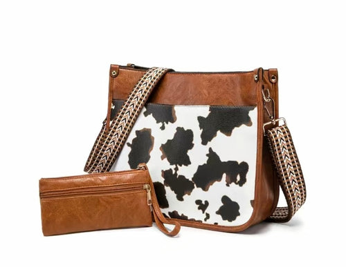 Brown PU Cow Print Boho Guitar Shoulder Strap Crossbody with Matching Coin Purse