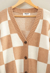 Taupe/Cream Checkered Button Front Cardigan Sweater