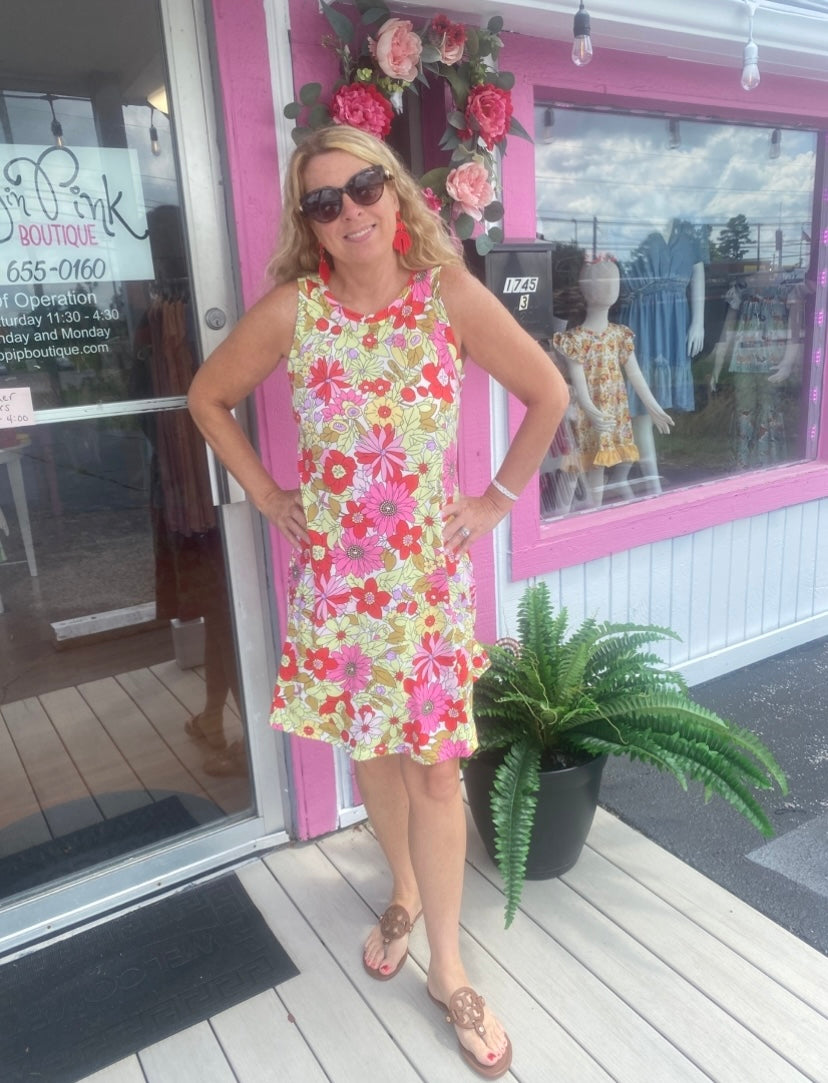 Lime Green Floral Sleeveless Swing Dress