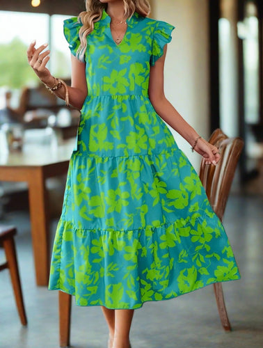 Green Floral V-Neck Tier Ruffle Maxi Dress