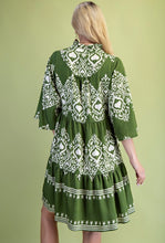 Olive Printed Tiered Dress with 3/4 Length Bell Sleeves
