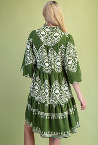 Olive Printed Tiered Dress with 3/4 Length Bell Sleeves