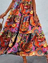 Orange Paisley Floral Sleeveless Tier Ruffle Maxi Dress