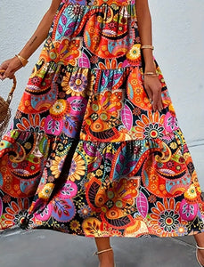 Orange Paisley Floral Sleeveless Tier Ruffle Maxi Dress