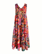 Orange Paisley Floral Sleeveless Tier Ruffle Maxi Dress