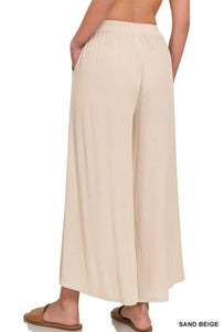 Sand Beige Woven Crinkle Wide Leg Pants with Pockets