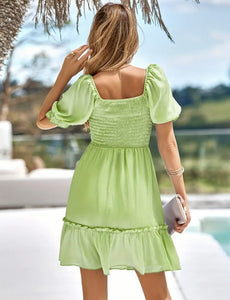 Green Smocked Square Neck Puff Sleeve Dress