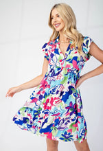 Blue Tiered V Neck Flutter Sleeve Collared Mini Dress