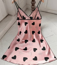 Pink Satin V-Neck Black Heart Slip Nightgown with Lace
