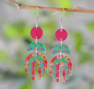 Pink Floral Checker Pattern Dangle Acrylic Earrings