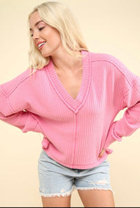Pink Casual Comfy Soft V-Neck Knit Top
