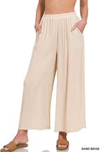 Sand Beige Woven Crinkle Wide Leg Pants with Pockets