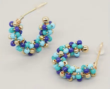 Blue and Mint Green Rice Bead Copper Hoop Earrings