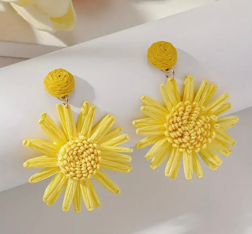 Yellow Hand-Woven Raffia Sunflower Dangle Earrings