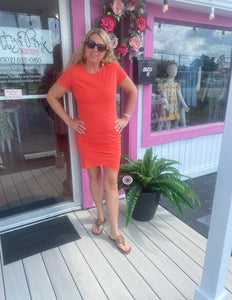 Coral Ruched Detail Spring Mini Dress
