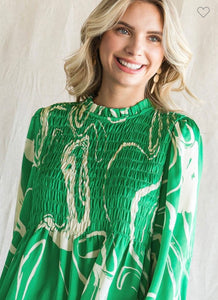 Kelly Green Satin Swirl Print Smocked Baby Doll Top