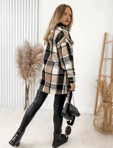 Khaki Plaid Print Casual Long Sleeve Shacket Jacket