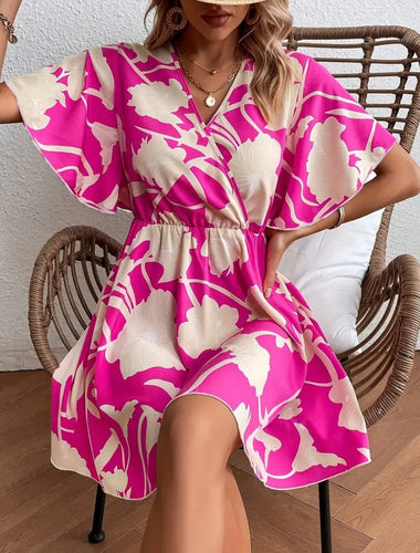 Candy Pink and Cream Floral Surplice Flounce Sleeve Dress