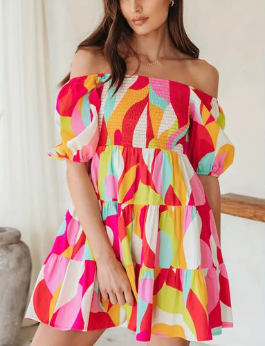 Pink Abstract Print Smocked Puff Sleeve Dress