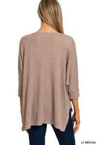 Lt Mocha 3/4 Sleeve Hi-Low Waffle Sweater