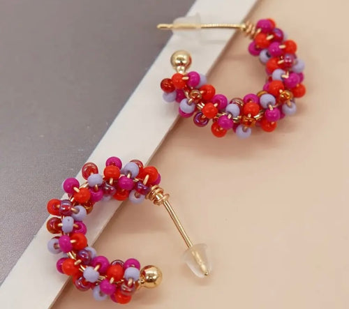 Red and Lavender Rice Bead Copper Hoop Earrings