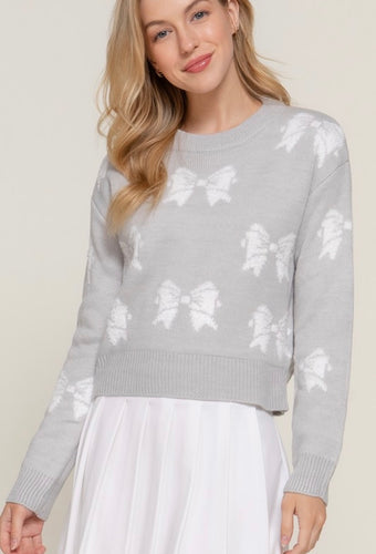 Heather Grey Long Sleeve Round Neck Jacquard Ribbon Sweater