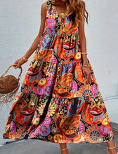 Orange Paisley Floral Sleeveless Tier Ruffle Maxi Dress