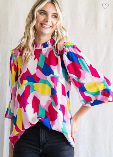 Fuchsia Mix Abstract Print Long Poet Sleeve Top