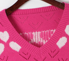 Hot Pink Heart Design V Neck Pointelle Knit Sweater