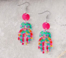 Pink Floral Checker Pattern Dangle Acrylic Earrings