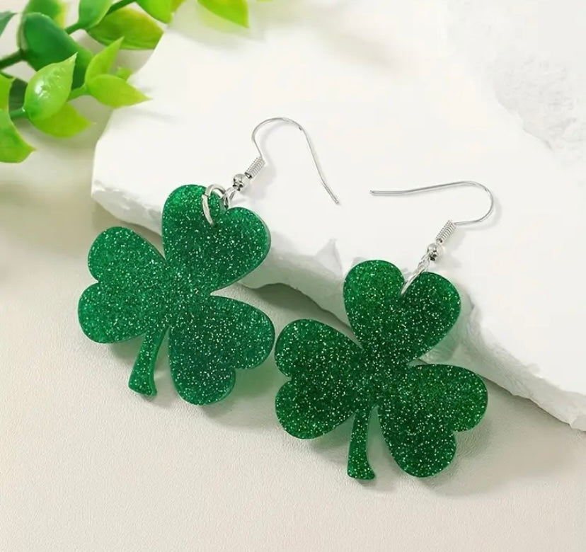 Green Glitter St. Patrick's Day Clover Dangle Earrings