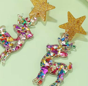 Christmas Sequin Reindeer Glitter Star Acrylic Earrings