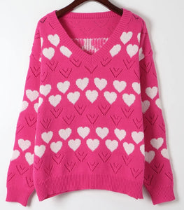 Hot Pink Heart Design V Neck Pointelle Knit Sweater