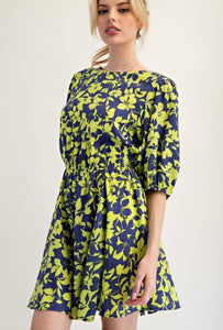 Lime & Blue Peach Blossom Print Woven Dress