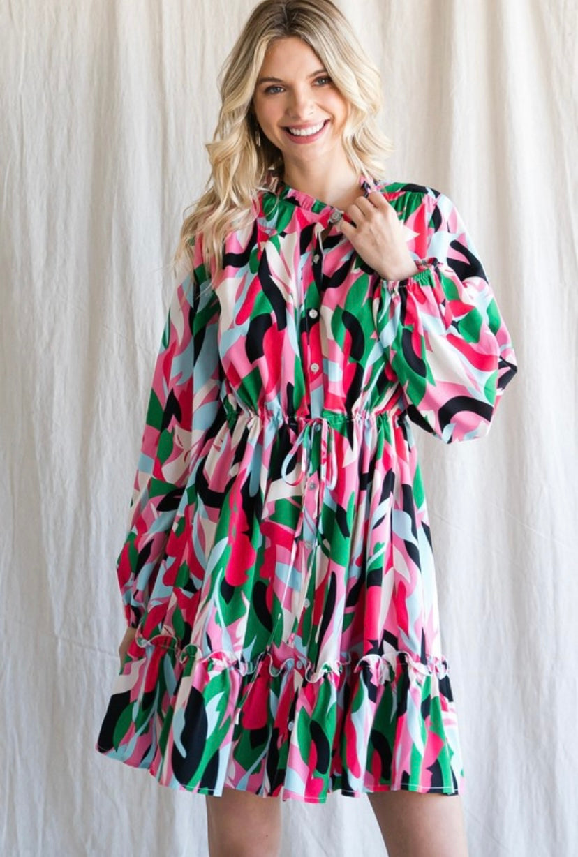 Green Colorful Floral Print Button Up Drawstring Dress