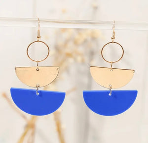 Blue and Gold Geometric Acrylic Half-Circle Dangle Earrings