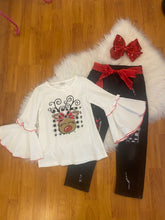 2pc White Reindeer Bell Sleeve Top and Matching Black Denim Jeans