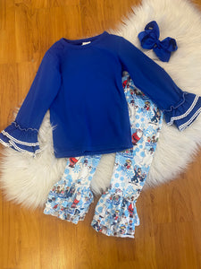 Royal Blue Top and Matching Frosty the Snowman Pants with Ruffle Hem