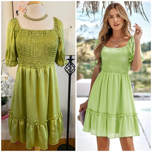 Green Smocked Square Neck Puff Sleeve Dress