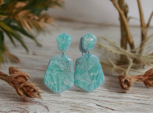 Mint Green Silver Beach Polygon Dangle Handmade Clay Earrings