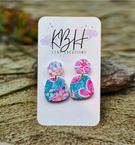 Pink and Blue Handmade Sand Dollar Circle Dangle Clay Earrings