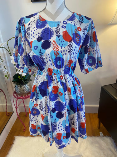 Blue Multi Abstract Puff Sleeve Twirl Dress with Pockets