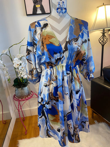 Blue Multi Satin Abstract V Neck Dress