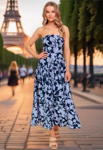 Navy & Blue Floral Strapless Drop Waist Tiered Dress