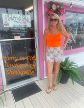 Neon Orange Sweetheart Neckline with Floral Pleated Shorts Romper